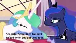 Size: 1280x720 | Tagged: safe, derpibooru import, edit, edited screencap, screencap, princess celestia, princess luna, pony, a royal problem, meme, secret butt fun