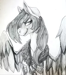 Size: 2233x2525 | Tagged: safe, artist:brainiac, derpibooru import, oc, oc:liftan drift, unofficial characters only, pegasus, pony, bomber jacket, clothes, female, mare, monochrome, patches, solo, traditional art