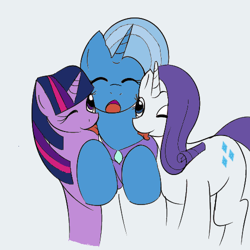 Size: 500x500 | Tagged: safe, artist:chemical-art, artist:megasweet, derpibooru import, rarity, trixie, twilight sparkle, pony, unicorn, female, lesbian, licking, polyamory, rarixie, shipping, tongue out, twixie, twixity