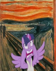 Size: 794x1006 | Tagged: safe, artist:brandonale, artist:edvard munch, derpibooru import, twilight sparkle, twilight sparkle (alicorn), alicorn, pony, a royal problem, ballerina, fine art parody, scared, solo, the scream, tutu, twilarina