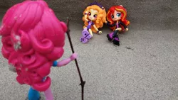 Size: 2064x1161 | Tagged: safe, artist:nightfly19, derpibooru import, adagio dazzle, pinkie pie, sunset shimmer, equestria girls, beach, doll, equestria girls minis, eqventures of the minis, irl, photo, stick, toy