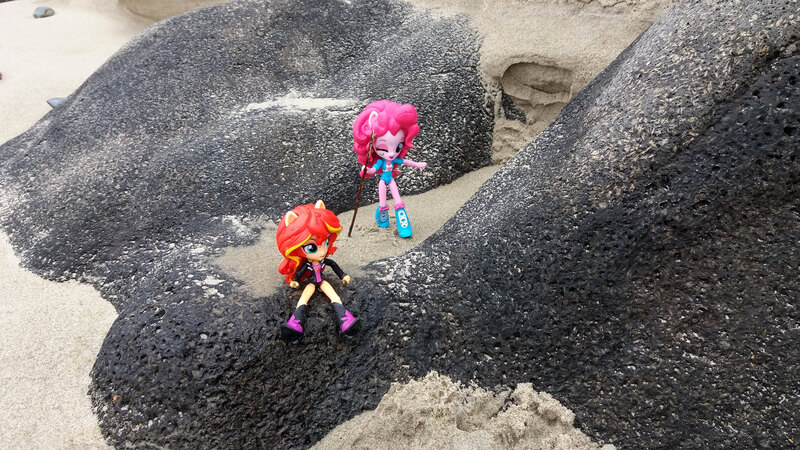 Size: 2064x1161 | Tagged: safe, artist:nightfly19, derpibooru import, pinkie pie, sunset shimmer, equestria girls, beach, doll, equestria girls minis, eqventures of the minis, irl, photo, stick, toy