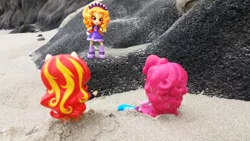 Size: 2064x1161 | Tagged: safe, artist:nightfly19, derpibooru import, adagio dazzle, pinkie pie, sunset shimmer, equestria girls, beach, doll, equestria girls minis, eqventures of the minis, irl, photo, toy