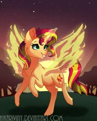 Size: 840x1050 | Tagged: safe, artist:hikariviny, derpibooru import, sunset shimmer, pony, unicorn, my past is not today, female, fiery shimmer, mare, outdoors, smiling, solo, sunset phoenix, tree, twilight (astronomy)