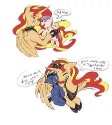 Size: 2671x2972 | Tagged: safe, artist:overlordneon, derpibooru import, sunset shimmer, oc, oc:dusk eclipse, oc:nova dawn, alicorn, pony, adopted offspring, alicornified, colt, crying, dialogue, eyes closed, female, filly, magical lesbian spawn, male, mare, offspring, parent:sunset shimmer, parent:twilight sparkle, parents:sunsetsparkle, race swap, shimmercorn, simple background, smiling, speech bubble, tears of joy, white background