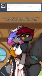 Size: 900x1625 | Tagged: suggestive, artist:darkestmbongo, derpibooru import, oc, oc:d.d, oc:gaia, unofficial characters only, anthro, earth pony, gryphon, unguligrade anthro, ask ddthemaid, anthro oc, arm hooves, ask, bra, breasts, clothes, female, grope, lesbian, maid, mare, red and black oc, tumblr, underwear