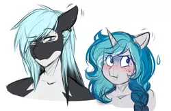 Size: 1299x849 | Tagged: safe, artist:askbubblelee, derpibooru import, oc, oc:bubble lee, oc:mako, unofficial characters only, anthro, earth pony, hybrid, orca pony, original species, unicorn, anthro oc, blushing, ear piercing, female, freckles, looking away, makolee, male, mare, oc x oc, piercing, shipping, simple background, stallion, straight
