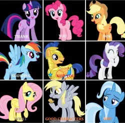 Size: 1444x1423 | Tagged: safe, derpibooru import, applejack, derpy hooves, flash sentry, fluttershy, pinkie pie, rainbow dash, rarity, trixie, twilight sparkle, pony, unicorn, female, flash hate, mane six, mare, meme, not you