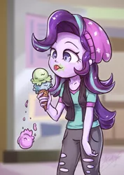 Size: 850x1200 | Tagged: safe, artist:assasinmonkey, derpibooru import, starlight glimmer, equestria girls, mirror magic, spoiler:eqg specials, beanie, cute, dropped ice cream, eating, food, glimmerbetes, hat, ice cream, ice cream cone, licking, silly, silly human, solo, tongue out