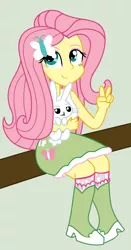 Size: 1056x2008 | Tagged: safe, artist:mrtheamazingdude, artist:mtad2, derpibooru import, angel bunny, fluttershy, equestria girls, peace sign, simple background, sitting