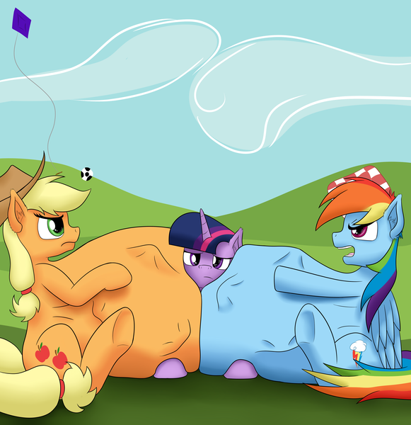 Size: 3875x4000 | Tagged: questionable, artist:foxkai, derpibooru import, applejack, rainbow dash, twilight sparkle, pony, belly, fetish, impossibly large belly, predajack, preddash, squished, vore