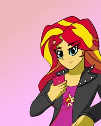 Size: 1600x2000 | Tagged: safe, artist:toughbluff, derpibooru import, sunset shimmer, equestria girls, female, gradient background, mobile phone, nail polish, phone, solo