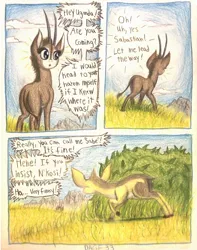 Size: 1080x1368 | Tagged: africa, animal in mlp form, antelope, artist:thefriendlyelephant, cloven hooves, comic, comic:sable story, derpibooru import, dik dik, giant sable antelope, grass, hill, horns, mountain, oc, oc:uganda, safe, savanna, traditional art, unofficial characters only