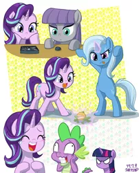 Size: 700x867 | Tagged: safe, artist:uotapo, derpibooru import, boulder (pet), maud pie, orange frog, spike, starlight glimmer, trixie, twilight sparkle, dragon, earth pony, pony, unicorn, :o, angry, bipedal, blushing, clock is ticking, crying, cute, derp, eyes closed, faic, female, glimmerbetes, glowing horn, gritted teeth, impressions, laughing, looking down, magic, makeup, male, mare, maudabetes, open mouth, rock, shrunken pupils, smiling, sweat, that pony sure does love rocks, the amazing trio of friendship, tongue out, twilight is not amused, uotapo is trying to murder us, weapons-grade cute