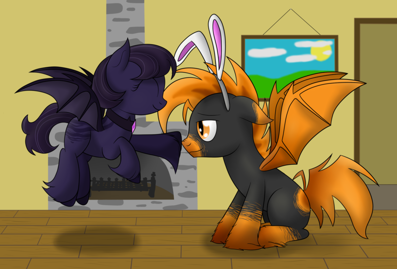 Size: 3100x2100 | Tagged: safe, artist:cloudy95, derpibooru import, oc, oc:ariadne, oc:tang, unofficial characters only, bat pony, pony, boop, bunny ears, female, high res, male, mare, sitting, stallion