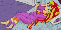 Size: 1024x516 | Tagged: safe, artist:nin10ja, derpibooru import, sunset shimmer, equestria girls, barefoot, bed, clothes, dream theater, feet, headphones, ipod, music, pajamas, solo