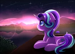 Size: 1024x737 | Tagged: safe, artist:mitralexa, derpibooru import, starlight glimmer, pony, unicorn, cute, dock, ear fluff, female, glimmerbetes, lake, leg fluff, lens flare, looking up, mare, night, night sky, outdoors, profile, prone, scenery, shooting stars, sky, solo, starry night, stars, twilight (astronomy)