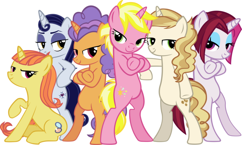 Size: 6568x3949 | Tagged: safe, artist:ironm17, derpibooru import, cayenne, citrus blush, moonlight raven, pretzel twist, sunshine smiles, sweet biscuit, pony, unicorn, absurd resolution, alternate mane six, bedroom eyes, bipedal, crossed arms, female, fresh princess and friends' poses, fresh princess of friendship, group, looking at you, mare, pose, simple background, sitting, smiling, transparent background, vector