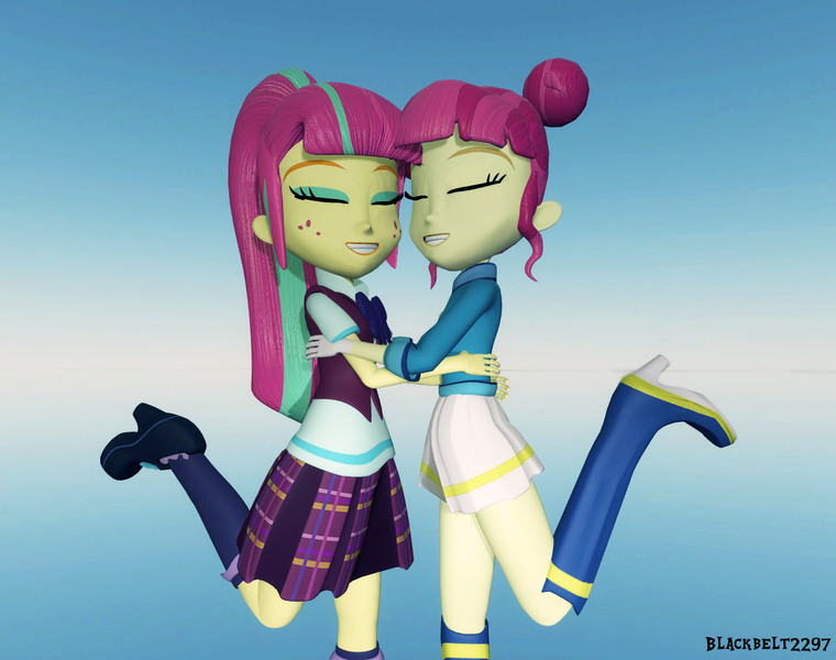 Size: 1326x1047 | Tagged: safe, artist:blackbelt2297, derpibooru import, majorette, sour sweet, sweeten sour, equestria girls, 3d, female, hug, sisters, source filmmaker, sweetly and sourly, twin sisters