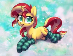 Size: 1943x1501 | Tagged: safe, artist:dawnfire, derpibooru import, sunset shimmer, pony, unicorn, abstract background, clothes, cute, female, mare, prone, shimmerbetes, socks, solo, striped socks