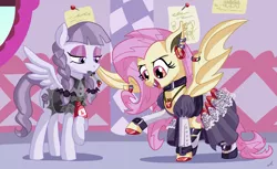 Size: 8217x5034 | Tagged: safe, artist:docwario, derpibooru import, fluttershy, inky rose, bat pony, pegasus, pony, honest apple, absurd resolution, carousel boutique, clothes, dress, duo, female, flutterbat, gothic lolita, mare, mouth hold, race swap, raised hoof, smiling