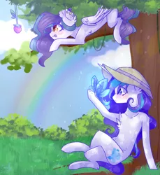 Size: 1737x1900 | Tagged: safe, artist:emily-826, derpibooru import, oc, oc:shylu, oc:windy cloud, unofficial characters only, pegasus, pony, female, food, mare, rainbow, strawberry, tree