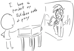 Size: 664x453 | Tagged: artist needed, source needed, safe, derpibooru import, rainbow dash, oc, oc:anon, pegasus, pony, /mlp/, black and white, dialogue, doodle, fetish, grayscale, monochrome, projector