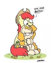 Size: 1441x1792 | Tagged: safe, artist:bobthedalek, derpibooru import, bright mac, pear butter, earth pony, pony, the perfect pear, brightbutter, cute, dialogue, female, hug, looking down, male, pear butt, pear butt-er, scrunchy face, shipping, simple background, sitting, smiling, straight, unamused, white background