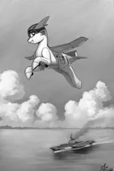 Size: 900x1350 | Tagged: safe, artist:amarynceus, deleted from derpibooru, derpibooru import, oc, oc:ruffle, unofficial characters only, original species, plane pony, pony, aircraft carrier, commission, female, flying, grayscale, grin, mare, monochrome, plane, ship, smiling, solo