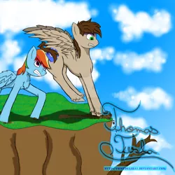 Size: 1280x1280 | Tagged: safe, artist:thiefdsaara1, artist:thomas tesla, deleted from derpibooru, derpibooru import, rainbow dash, oc, oc:thomas tesla, pony, angry, cliff, fear, fear of flying, pushing, rump push, teaching