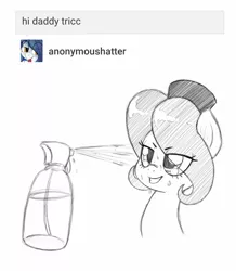 Size: 1076x1232 | Tagged: safe, artist:trickydick, derpibooru import, oc, oc:hattsy, unofficial characters only, pony, ask, grayscale, grin, monochrome, smiling, solo, spray bottle, tumblr