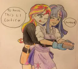 Size: 1024x904 | Tagged: safe, artist:fallenangel5414, derpibooru import, sunset shimmer, twilight sparkle, human, alternate costumes, cooking, cute, female, food, horned humanization, hug, human coloration, humanized, lesbian, one eye closed, pie, shimmerbetes, shipping, simple background, sunsetsparkle, traditional art, twiabetes