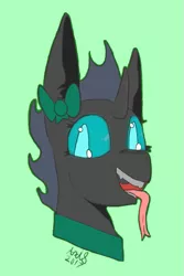 Size: 569x850 | Tagged: safe, artist:axisthechangeling, derpibooru import, oc, oc:axis the changeling, unofficial characters only, changeling, blue eyes, bow, changeling oc, clothes, eyelashes, outline, scarf, shading practice, signature, solo, tongue out
