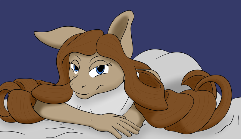 Size: 2000x1160 | Tagged: anthro, artist:nudeknightart, bedroom eyes, bedsheets, curly hair, derpibooru import, hug, oc, oc:time spinner, pillow, pillow hug, playful, suggestive, unofficial characters only