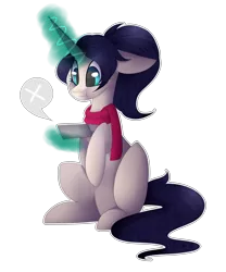 Size: 3857x4641 | Tagged: safe, artist:umiimou, derpibooru import, oc, oc:mifune, unofficial characters only, pony, unicorn, :t, absurd resolution, clothes, female, high res, magic, mare, scarf, simple background, sitting, solo, transparent background