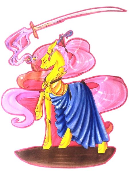 Size: 1024x1367 | Tagged: safe, artist:oneiria-fylakas, derpibooru import, oc, oc:katana bloom, unofficial characters only, pony, unicorn, clothes, dress, female, katana, magic, mare, raised hoof, solo, sword, traditional art, weapon