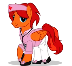 Size: 1690x1547 | Tagged: suggestive, artist:goldenfoxda, derpibooru import, oc, oc:goldenfox, unofficial characters only, pegasus, pony, bedroom eyes, bow, clothes, crossdressing, flats, looking at you, male, nurse, nurse outfit, shoes, simple background, skirt, slippers, socks, stallion, stethoscope, transparent background