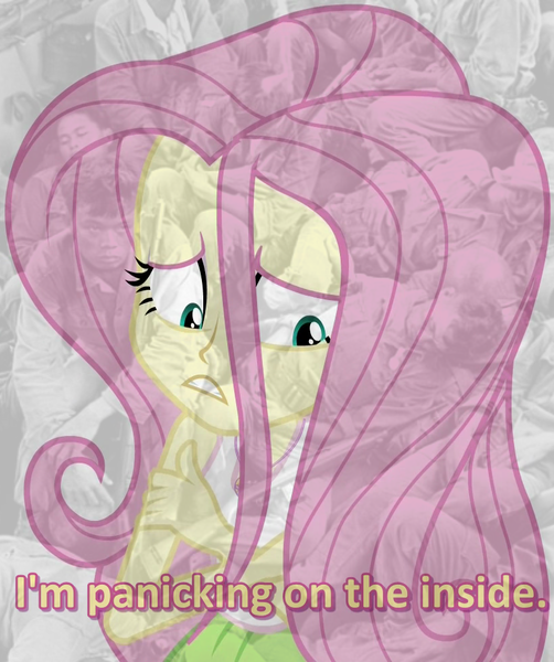 Size: 823x984 | Tagged: safe, derpibooru import, edit, edited screencap, screencap, fluttershy, equestria girls, mirror magic, spoiler:eqg specials, cropped, missing accessory, panicking, scared, solo, subtitles, vietnam flashback