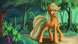 Size: 5120x2880 | Tagged: safe, artist:ailynd, derpibooru import, applejack, earth pony, pony, absurd resolution, female, forest, freckles, mare, sign, smiling, solo, tree