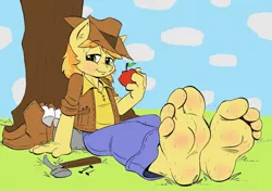Size: 1280x901 | Tagged: 4 toes, anthro, apple, artist:arcadias, artist:kuroi-wolf, barefoot, bedroom eyes, blushing, boots, braebetes, braeburn, clothes, colored sketch, cute, derpibooru import, discarded clothing, feet, fetish, food, foot fetish, grass, looking at you, male, male feet, plantigrade anthro, safe, shoes, socks, soles, solo, sweat, toes, tree
