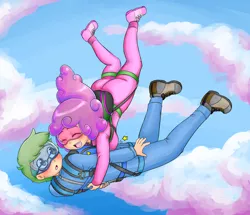 Size: 1280x1103 | Tagged: artist:basketgardevoir, clothes, cloud, derpibooru import, falling, glasses, goggles, hug, human, humanized, humanized oc, jumpsuit, oc, oc:software patch, oc:windcatcher, parachute, safe, sky, skydiving, tackle, this will end in death, unofficial characters only, windpatch