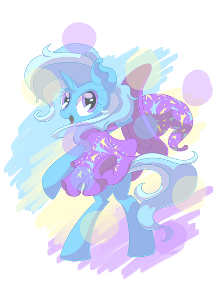 Size: 4961x7016 | Tagged: safe, artist:hananpacha, derpibooru import, trixie, pony, unicorn, absurd resolution, bipedal, cape, clothes, female, hat, looking at you, looking back, looking back at you, mare, open mouth, simple background, smiling, solo, trixie's cape, trixie's hat, white background, windswept mane