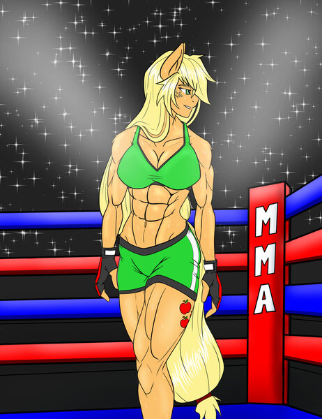 Size: 1024x1331 | Tagged: suggestive, artist:nwinter3, derpibooru import, applejack, anthro, earth pony, abs, applejacked, breasts, busty applejack, clothes, female, freckles, mare, mma, muscles, smiling, solo, solo female, sports bra, sports shorts