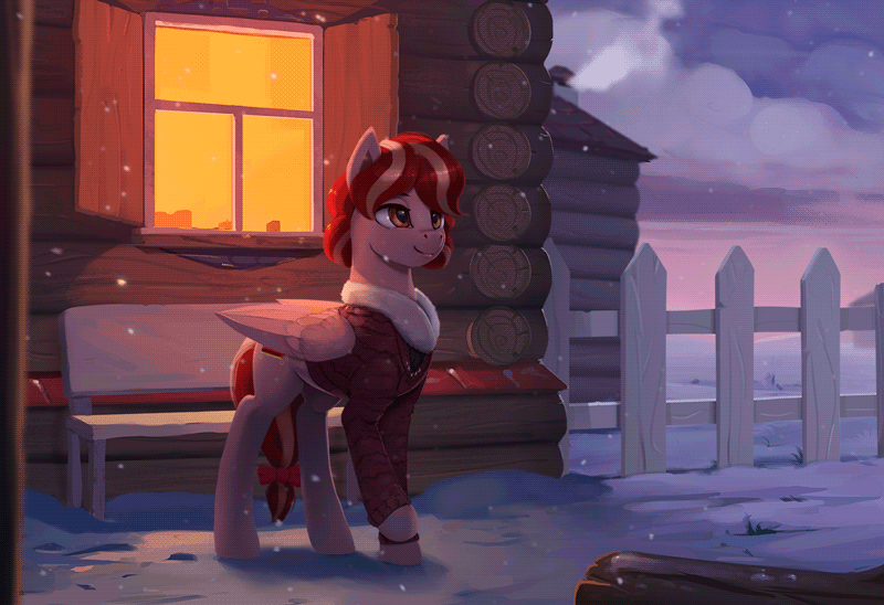Size: 800x548 | Tagged: safe, artist:rodrigues404, derpibooru import, oc, oc:cherry blossom, unofficial characters only, pegasus, pony, animated, cinemagraph, clothes, coat, commission, female, fence, gif, house, mare, smiling, snow, snowfall, solo