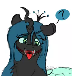 Size: 1800x1900 | Tagged: suggestive, artist:polar puff, derpibooru import, queen chrysalis, changeling, changeling queen, adorasexy, confused, crown, cute, cutealis, eyeshadow, fangs, female, flat colors, floppy ears, gag, jewelry, makeup, mare, mawshot, open mouth, question mark, raised eyebrow, regalia, ring gag, sexy, sketch, solo, solo female, teeth, tongue out