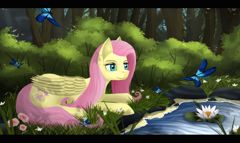 Size: 3920x2339 | Tagged: safe, artist:dezdark, derpibooru import, fluttershy, butterfly, pony, forest, pond, solo