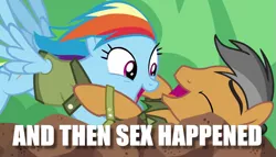 Size: 759x433 | Tagged: suggestive, derpibooru import, edit, edited screencap, screencap, quibble pants, rainbow dash, pony, and then sex happened, caption, image macro, implied sex, male, meme, quibbledash, shipping, straight