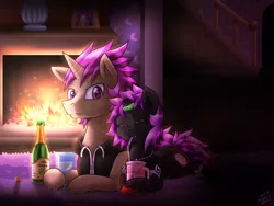 Size: 1500x1125 | Tagged: safe, artist:vavacung, derpibooru import, oc, oc:darkaito, oc:midnight moon, unofficial characters only, pony, unicorn, vampony, alcohol, broken horn, cute, female, filly, fireplace, horn ring, midnaito, wine