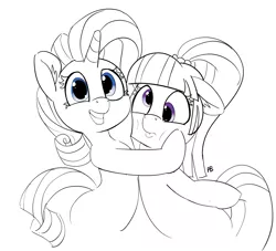 Size: 7595x6906 | Tagged: safe, artist:pabbley, derpibooru import, rarity, sour sweet, ponified, earth pony, pony, unicorn, absurd resolution, black and white, cheek squish, cute, ear fluff, equestria girls ponified, female, grayscale, grin, lineart, mare, monochrome, pabbley is trying to murder us, partial color, raribetes, simple background, smiling, sourbetes, squishy cheeks, white background
