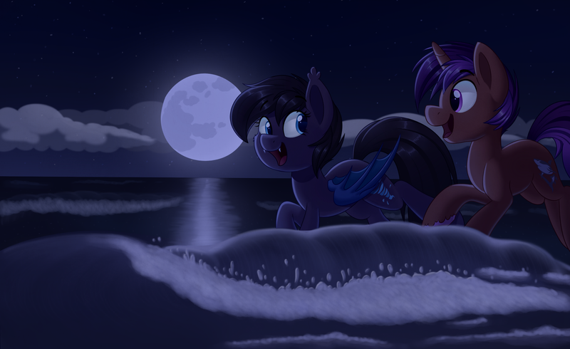 Size: 1664x1019 | Tagged: safe, artist:thegamblehorse, deleted from derpibooru, derpibooru import, oc, oc:seachell, oc:sharkbutt, unofficial characters only, bat pony, pony, unicorn, cloud, couple, cute, duo, female, full moon, male, mare, moon, night, oc x oc, ocean, sharkchell, shipping, smiling, stallion, stars, straight, wave